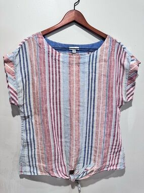 L.L. Bean Striped Tie-Front Blouse in Blue, Pink, Cream